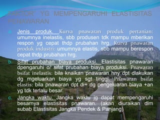 FAKTOR” YG MEMPENGARUHI ELASTISITAS
PENAWARAN
a. Jenis produk. Kurva pnawaran produk pertanian:
umumnya inelastis, sbb produsen tdk mampu mberikan
respon yg cepat thdp prubahan hrg. Kurva pnawaran
produk industri: umumnya elastis, sbb mampu berespon
cepat thdp prubahan hrg.
b. Sifat prubahan biaya produksi. Elastisitas pnawaran
dpengaruhi o/ sifat prubahan biaya produksi. Pnawaran
bsifat inelastis: bila knaikan pnawaran hny dpt dlakukan
dg mgeluarkan biaya yg sgt tinggi. Pnawaran bsifat
elastis: bila pnawaran dpt di+ dg pengeluaran biaya +an
yg tdk terlalu besar.
c. Jangka waktu. Jangka waktu jg dapat mempengaruhi
besarnya elastisitas pnawaran. (akan diuraikan dlm
subab Elastisitas Jangka Pendek & Panjang)
 