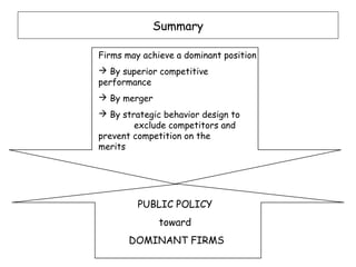 Summary

Firms may achieve a dominant position
 By superior competitive
performance
 By merger
 By strategic behavior design to
        exclude competitors and
prevent competition on the
merits




         PUBLIC POLICY
              toward
       DOMINANT FIRMS
 