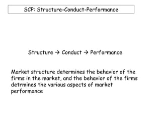 SCP: Structure-Conduct-Performance




      Structure  Conduct  Performance


Market structure determines the behavior of the
firms in the market, and the behavior of the firms
detrmines the various aspects of market
performance
 