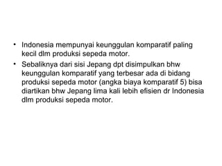 • Indonesia mempunyai keunggulan komparatif paling
kecil dlm produksi sepeda motor.
• Sebaliknya dari sisi Jepang dpt disimpulkan bhw
keunggulan komparatif yang terbesar ada di bidang
produksi sepeda motor (angka biaya komparatif 5) bisa
diartikan bhw Jepang lima kali lebih efisien dr Indonesia
dlm produksi sepeda motor.
 