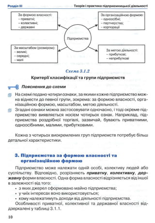 Схема 3.1.2
Критерії класифікації та групи підприємств
■у=Ц Пояснення д о схеми
(§1 На схемі подано чотири ознаки, за якими кожне підприємство мож­
на віднести до певної групи, зокрема: за формою власності, орга­
нізаційною формою, масштабом, метою діяльності,
gp Згадані ознаки можна застосовувати одночасно, і тоді окреме під­
приємство виявляється носієм чотирьох ознак. Наприклад, під­
приємства роздрібної торгівлі, зазвичай, бувають приватними,
одноосібними, малими, прибутковими.
Кожна з чотирьох виокремлених груп підприємств потребує більш
детальної характеристики.
3. Підприєм ства за формою власн о сті та
організаційною формою
Підприємство може належати одній особі, колективу людей або
суспільству. Відповідно, розрізняють приватну, колективну, д е р ­
ж авну форми власності. Одна форма власності відрізняється від іншої
в залежності від того:
• з яких джерел сформовано майно підприємства;
• у чиїх інтересах воно використовується;
• кому належатимуть доходи від діяльності підприємства.
Особливості приватної, колективної та державної власності від­
дзеркалені у таблиці 3.1.1.
 