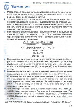 Підсумки теми
0 Матеріальною основою функціонування економіки як цілого є на­
ціональне багатство країни, структурні елементи якого - це при­
родний, фізичний та людський капітал.
0 Загальна рівновага - прояв цілісності національної економіки -
передбачає дотримання певних відповідностей (пропорцій) мак-
роекономічних величин. До найважливіших з них належать відпо­
відність сукупних доходів і сукупних витрат, сукупного попиту та
сукупного пропонування.
0 Відповідність сукупних доходів і сукупних витрат аналізується за
схемою загального економічного кругообігу з виокремленням чо­
тирьох макроекономічних суб’єктів - секторів економіки та відо­
бражається такими рівняннями:
W +R + i + Pr+ Am = С + 1+ G +N X
4----------------------------------V----------------------------------J V------------------------V-------------------------'
Сукупні доходи Сукупні витрати
С = (Сукупнідоходи) —(Т —TR) - S
l = Am + S
G = T -T R
NX = Е х - Іт
0 Відповідність сукупного попиту та сукупного пропонування ілюст­
рується графіком, на якому перетинаються дві функції. Це дає змогу
відобразити вплив змін сукупного попиту та сукупного пропонуван­
ня на загальний рівень цін (Р) та випуск (Y) у національній еко­
номіці.
0 В економічній науці існують два пояснення механізму формування
загальної рівноваги. Представники класичного напрямку поясню­
ють його як автоматичне встановлення рівноваги завдяки еластич­
ній ставці відсотка та заробітній платі. Представники кейнсіанства
заперечують здатність еластичних цін забезпечувати загальну
рівновагу й обґрунтовують необхідність державного регулювання
обсягу сукупних витрат.
0 Показники результатів національного виробництва - ВВП та ВНД -
оцінюються з використанням Системи національних рахунків. Для
визначення ВВП за трьома методами - за доходами, витратами та
сумою доданих вартостей - використовуються, відповідно, такі
формули:
BBI1=W + Валовий прибуток, змішаний дохід + (Податки - Субсидії)
 