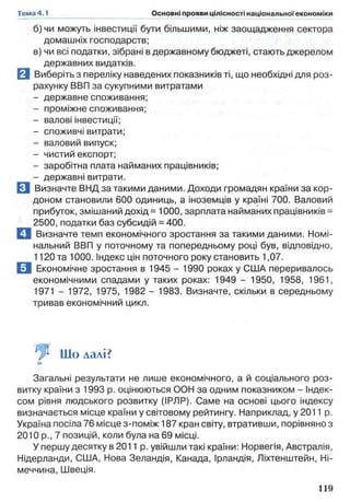б) чи можуть інвестиції бути більшими, ніж заощадження сектора
домашніх господарств;
в) чи всі податки, зібрані в державному бюджеті, стають джерелом
державних видатків.
а Виберіть з переліку наведених показників ті, що необхідні для роз­
рахунку ВВП за сукупними витратами
- державне споживання;
- проміжне споживання;
- валові інвестиції;
- споживчі витрати;
- валовий випуск;
- чистий експорт;
- заробітна плата найманих працівників;
- державні витрати.
В Визначте ВИД за такими даними. Доходи громадян країни за кор­
доном становили 600 одиниць, а іноземців у країні 700. Валовий
прибуток, змішаний дохід = 1000, зарплата найманих працівників =
2500, податки баз субсидій = 400.
П Визначте темп економічного зростання за такими даними. Номі­
нальний ВВП у поточному та попередньому році був, відповідно,
1120 та 1000. Індекс цін поточного року становить 1,07.
F 1 Економічне зростання в 1945 - 1990 роках у США переривалось
економічними спадами у таких роках: 1949 - 1950, 1958, 1961,
1971 - 1972, 1975, 1982 - 1983. Визначте, скільки в середньому
тривав економічний цикл.
Що далі?
■
Загальні результати не лише економічного, а й соціального роз­
витку країни з 1993 р. оцінюються ООН за одним показником - Індек­
сом рівня людського розвитку (ІРЛР). Саме на основі цього індексу
визначається місце країни у світовому рейтингу. Наприклад, у 2011 р.
Україна посіла 76 місце з-поміж 187 кран світу, втративши, порівняно з
2010 p., 7 позицій, коли була на 69 місці.
У першу десятку в 2011 р. увійшли такі країни: Норвегія, Австралія,
Нідерланди, США, Нова Зеландія, Канада, Ірландія, Ліхтенштейн, Ні­
меччина, Швеція.
 