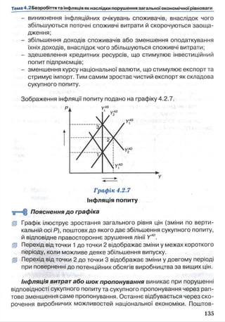 - виникнення інфляційних очікувань споживачів, внаслідок чого
збільшуються поточні споживчі витрати й скорочуються заоща­
дження;
- збільшення доходів споживачів або зменшення оподаткування
їхніх доходів, внаслідок чого збільшуються споживчі витрати;
- здешевлення кредитних ресурсів, що стимулює інвестиційний
попит підприємців;
- зменшення курсу національної валюти, що стимулює експорт та
стримує імпорт. Тим самим зростає чистий експорт як складова
сукупного попиту.
Зображення інфляції попиту подано на графіку 4.2.7.
Графік 4.2.7
Інфляція попиту
Пояснення д о графіка
Ір Графік ілюструє зростання загального рівня цін (зміни по верти­
кальній осі Р), поштовх до якого дає збільшення сукупного попиту,
й відповідне правостороннє зрушення лінії YAD.
Я Перехід від точки 1до точки 2 відображає зміни у межах короткого
періоду, коли можливе деяке збільшення випуску,
fp Перехід від точки 2 до точки 3 відображає зміни у довгому періоді
при поверненні до потенційних обсягів виробництва за вищих цін.
Інфляція витрат або шок пропонування виникає при порушенні
відповідності сукупного попиту та сукупного пропонування через рап­
тове зменшення саме пропонування. Останнє відбувається через ско­
рочення виробничих можливостей національної економіки. Поштов­
 