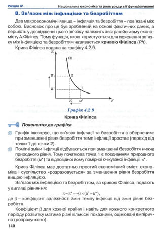 8 . З в’я зо к м іж інф ляцією та безр о б іттям
Два макроекономічні явища - інфляція та безробіття - пов’язані між
собою. Висновок про це був зроблений на основі фактичних даних, а
першість у дослідженні цього зв’язку належить австралійському еконо­
місту А.Філіпсу. Тому функція, якою користуються для пояснення зв'яз­
ку між інфляцією та безробіттям називається кривою Філіпса (Ph).
Крива Філіпса подана на графіку 4.2.9.
Графік 4.2.9
Крива Філіпса
і]= Н І Пояснення до графіка
Щ Графік ілюструє, що зв’язок інфляції та безробіття є оберненим:
при зменшенні рівня безробіття темп інфляції зростає (перехід від
точки 1до точки 2).
ІР Помітні зміни інфляції відбуваються при зменшенні безробіття нижче
природного рівня. Тому початкова точка 1 є поєднанням природного
безробіття ((7*) та відповідної йому помірної очікуваної інфляції 71*.
Крива Філіпса має достатньо простий економічний зміст: еконо­
міка і суспільство «розраховується» за зменшення рівня безробіття
вищою інфляцією.
Зв’язок між інфляцією та безробіттям, за кривою Філіпса, подають
у вигляді рівняння:
71-71* =-f3x(u' - ( /) ,
де р - коефіцієнт залежності змін темпу інфляції від змін рівня без­
робіття.
Коефіцієнт р для кожної країни і навіть для кожного конкретного
періоду розвитку матиме різні кількісні показники, оцінювані емпірич­
но (розрахунково).
 