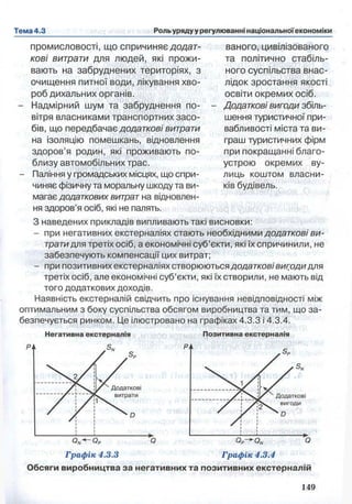 промисловості, що спричиняє додат­
кові витрати для людей, які прожи­
вають на забруднених територіях, з
очищення питної води, лікування хво­
роб дихальних органів.
Надмірний шум та забруднення по­
вітря власниками транспортних засо­
бів, що передбачає додаткові витрати
на ізоляцію помешкань, відновлення
здоров’я родин, які проживають по­
близу автомобільних трас.
Паління у громадських місцях, що спри­
чиняє фізичну та моральну шкоду та ви­
магає додаткових витрат на відновлен-
ваного, цивілізованого
та політично стабіль­
ного суспільства внас­
лідок зростання якості
освіти окремих осіб.
Додаткові вигоди збіль­
шення туристичної при­
вабливості міста та ви­
граш туристичних фірм
при покращанні благо­
устрою окремих ву­
лиць коштом власни­
ків будівель.
ня здоров’я осіб, які не палять.
З наведених прикладів випливають такі висновки:
- при негативних екстерналіях стають необхідними додаткові ви­
тратидля третіх осіб, а економічні суб’єкти, які їх спричинили, не
забезпечують компенсації цих витрат;
- при позитивних екстерналіях створюються д одатгов/ вигоди для
третіх осіб, але економічні суб’єкти, які їх створили, не мають від
того додаткових доходів.
Наявність екстерналій свідчить про існування невідповідності між
оптимальним з боку суспільства обсягом виробництва та тим, що за­
безпечується ринком. Це ілюстровано на графіках 4.3.3 і 4.3.4.
Негативна екстерналія Позитивна екстерналія
Графік 4.3.3 Графік 4.3.4
Обсяги виробництва за негативних та позитивних екстерналій
 