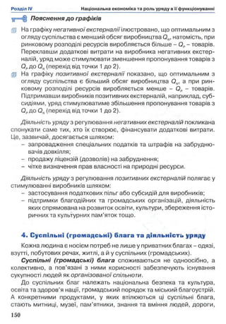 Пояснення до графіків
fp На графіку негативної екстерналії ілюстровано, що оптимальним з
огляду суспільства є менший обсяг виробництва 0 N, натомість, при
ринковому розподілі ресурсів виробляється більше - О р - товарів.
Переклавши додаткові витрати на виробника негативних екстер-
налій, уряд може стимулювати зменшення пропонування товарів з
Ордо Qn (перехід від точки 1 до 2).
fp На графіку позитивної екстерналії показано, що оптимальним з
огляду суспільства є більший обсяг виробництва Qw, а при рин­
ковому розподілі ресурсів виробляється менше - Ор - товарів.
Підтримавши виробників позитивнихекстерналій, наприклад, суб­
сидіями, уряд стимулюватиме збільшення пропонування товарів з
Ордо Qn (перехід від точки 1 до 2).
Діяльність уряду з регулювання негативних екстерналій покликана
спонукати саме тих, хто їх створює, фінансувати додаткові витрати.
Це, зазвичай, досягається шляхом:
- запровадження спеціальних податків та штрафів на забрудню­
вачів довкілля;
- продажу ліцензій (дозволів) на забруднення;
- чітке визначення прав власності на природні ресурси.
Діяльність уряду з регулювання позитивних екстерналій полягає у
стимулюванні виробників шляхом:
- застосування податкових пільг або субсидій для виробників;
- підтримки благодійних та громадських організацій, діяльність
яких спрямована на розвиток освіти, культури, збереження істо­
ричних та культурних пам’яток тощо.
4 . Суспільні (гр о м ад сь н і) блага та діяльність уряду
Кожна людина є носієм потреб не лише у приватних благах - одязі,
взутті, побутових речах, житлі, а й у суспільних (громадських).
Суспільні (громадські) блага споживаються не одноосібно, а
колективно, а пов’язані з ними корисності забезпечують існування
сукупності людей як організованої спільноти.
До суспільних благ належать національна безпека та культура,
освіта та здоров’я нації, громадський порядок та міський благоустрій.
А конкретними продуктами, у яких втілюються ці суспільні блага,
стають митниці, музеї, пам’ятники, знання та вміння людей, дороги,
 
