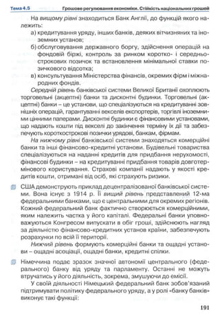 На вищому рівні знаходиться Банк Англії, до функцій якого на­
лежить:
а) кредитування уряду, інших банків, деяких вітчизняних та іно­
земних установ;
б) обслуговування державного боргу, здійснення операцій на
фондовій біржі, контроль за ринком коротко- і середньо-
строкових позичок та встановлення мінімальної ставки по­
зичкового відсотка;
в) консультування Міністерства фінансів, окремих фірм іміжна­
родних фондів.
Середній рівень банківської системи Великої Британії охоплюють
торговельні (акцептні) банки та дисконтні будинки. Торговельні (ак­
цептні) банки - це установи, що спеціалізуються на кредитуванні зов­
нішніх операцій, гарантуванні векселів експортерів, торгівлі іноземни­
ми цінними паперами. Дисконтні будинки є фінансовими установами,
що надають кошти під векселі до закінчення терміну їх дії та забез­
печують короткострокові позички урядові, банкам, фірмам.
На нижчому рівні банківської системи знаходяться комерційні
банки та інші фінансово-кредитні установи. Будівельні товариства
спеціалізуються на наданні кредитів для придбання нерухомості,
фінансові будинки - на кредитуванні придбання товарів довготер­
мінового користування. Страхові компанії надають у якості кре­
дитів кошти, отримані від осіб, які страхують ризики.
0 США демонструють прикладдецентралізованої банківської систе­
ми. Вона існує з 1914 р. Її вищий рівень представлений 12-ма
федеральними банками, що є центральними для окремих регіонів.
Кожний федеральний банк фактично створюється комерційними,
яким належить частка у його капіталі. Федеральні банки уповно­
важуються Конгресом випускати в обіг гроші, здійснюють нагляд
за діяльністю фінансово-кредитних установ країни, забезпечують
розрахунки по всій її території.
Нижчий рівень формують комерційні банки та ощадні устано­
ви - ощадні асоціації, ощадні банки, кредитні спілки.
В Німеччина подає зразок значної автономії центрального (феде­
рального) банку від уряду та парламенту. Останні не можуть
втручатись у його діяльність, зокрема, змушуючи до емісії.
У своїй діяльності Німецький федеральний банк зобов’язаний
підтримувати політику федерального уряду, а у ролі «банку банків»
виконує такі функції:
 