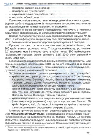 - міжнародні валютні відносини;
- міжнародний рух капіталів;
- науково-технічне співробітництво;
- міграція робочої сили.
Саме можливість використання міжнародних відносин у згаданих
формах робить недоцільним й неможливим автономне (незалежне
від інших) існування кожної національної економіки.
Зародження основ світового господарства пов’язують з періодом
формування світового ринку за Великих географічних відкриттів XVI ст.
Світове господарство у сучасному сенсі складається на межі XIX та
XX ст., а у його формуванні вирішальну роль відіграли міжнародні моно­
полії. Розвиток світового господарства продовжується й сьогодні.
Сучасне світове господарство охоплює економіки більш, ніж
260 країн, у яких проживає понад 7 млрд населення, що розмовляє
2,7 тисячами мов і використовує в обігу понад 300 найменувань
національних грошей. Обсяг світового ВВП 2010 року оцінений у
75700 млрд дол.
Економіки країн відрізняються рівнем економічного розвитку. Цей
рівень оцінюється показниками ВВП на одного громадянина країни
або ВВП на одного працюючого. Останній показник характеризує про­
дуктивність праці у національній економіці.
За рівнем економічного розвитку виокремлюють такі групи країн*:
- країни високого рівня розвитку, до яких належать США, Канада,
Австралія, Нова Зеландія, Японія, Велика Британія, Німеччина,
Франція, Швеція, Данія, Люксембург, Норвегія, Ісландія, Швей­
царія, Бельгія, Нідерланди, Фінляндія, Австрія, Італія;
- країни середнього рівня розвитку охоплюють інші країни ЄС,
крім тих, що належать до групи країн високого рівня, Ізраїль,
Південну Корею, Сінгапур, Таїланд, Тайвань;
- країни, щорозвиваються, та країни з несформованими ринками
(ринками, що формуються) - це група, що охоплює більше 150
країн Африки, Азії, Латинської Америки та країни з незавер­
шеними ринковими реформами, зокрема Україна.
Істотною причиною виникнення і розвитку світового господарства
став міжнародний поділ праці. Він передбачає спеціалізацію націо­
нальних економік на виробництві певних товарів і послуг. Це означає
спрямування зусиль та ресурсів на випереджаючий розвиток у кожній
країні певних галузей та видів діяльності. Саме в цих галузях та видах
* Більш детальна класифікація з виокремленням у кожній групі підгруп подається у
підручнику «Географія. 10 клас».
 