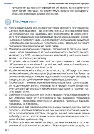 - приєднання до таких інтеграційних об’єднань та використання
таких форм інтеграції, які сприятимуть зростанню конкуренто­
спроможності національної економіки.
0 Кожна національна економіка є частиною світового господарства.
Світове господарство - це система економічних взаємозв’язків,
що складаються між національними економіками. В межах світо­
вого господарства виокремлюються групи країн високого, серед­
нього рівня розвитку, країн, що розвиваються та характеризуються
незавершеними ринковими перетвореннями. Основою світового
господарства є міжнародний поділ праці.
0 Міжнародна економічна інтеграція - зближення та об’єднання еко­
номік - може оцінюватися за показниками частки експорту та част­
ки імпорту у ВВП, частка іноземних інвестицій у загальних інвес­
тиціях в національну економіку.
0 В процесі міжнародної інтеграції використовуються такі форми
об’єднання, як зона вільної торгівлі, митний союз, спільний ринок,
економічний союз, повна інтеграція.
0 Українська економіка є відкритою та такою, що об’єднується з еко­
номіками інших країн через різні форми взаємозв’язків. Але її участь у
світовому господарстві через недосконалість структури експорту та
імпорту, структуру іноземних інвестицій є нераціональною.
0 Глобалізація - суттєве поглиблення взаємозв’язків, що спираєть­
ся на досягнутий рівень інтеграції та в процесі якого використо­
вуються різні організаційні форми взаємодії країн та науково-тех­
нічні досягнення.
0 Зближення національних економік в процесі глобалізації з користю
для людства може бути використано при вирішенні глобальних
проблем - проблеми забруднення довкілля, проблеми бідності,
продовольчої проблеми.
0 Глобалізація дає національним економікам та суспільствам значні
переваги, зокрема: прискорення економічного зростання, можли­
вість перерозподілу світових ресурсів, вищий загальний рівень
добробуту, якості життя та можливість використання сучасних тех­
нологій всіма країнами світу.
0 Глобалізація має негативні наслідки, до яких належать втрата ке­
рованості національної економіки з боку національних урядів, по­
Підсумки теми
 