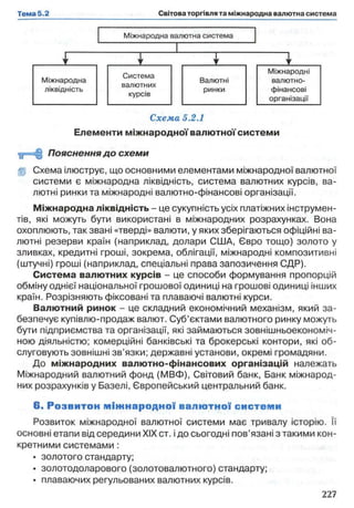 Схема 5.2.1
Елементи міжнародної валютної системи
Пояснення до схеми
§р Схема ілюструє, що основними елементами міжнародної валютної
системи є міжнародна ліквідність, система валютних курсів, ва­
лютні ринки та міжнародні валютно-фінансові організації.
Міжнародна ліквідність - це сукупність усіх платіжних інструмен­
тів, які можуть бути використані в міжнародних розрахунках. Вона
охоплюють, так звані «тверді» валюти, у яких зберігаються офіційні ва­
лютні резерви країн (наприклад, долари США, Євро тощо) золото у
зливках, кредитні гроші, зокрема, облігації, міжнародні композитивні
(штучні) гроші (наприклад, спеціальні права запозичення СДР).
Система валютних курсів - це способи формування пропорцій
обміну однієї національної грошової одиниці на грошові одиниці інших
країн. Розрізняють фіксовані та плаваючі валютні курси.
Валютний ринок - це складний економічний механізм, який за­
безпечує купівлю-продаж валют. Суб’єктами валютного ринку можуть
бути підприємства та організації, які займаються зовнішньоекономіч­
ною діяльністю; комерційні банківські та брокерські контори, які об­
слуговують зовнішні зв’язки; державні установи, окремі громадяни.
До міжнародних валютно-фінансових організацій належать
Міжнародний валютний фонд (МВФ), Світовий банк, Банк міжнарод­
них розрахунків у Базелі, Європейський центральний банк.
6. Р озвитон м іж н ар о д н о ї вал ю тної систем и
Розвиток міжнародної валютної системи має тривалу історію. Її
основні етапи від середини XIX ст. і до сьогодні пов’язані з такими кон­
кретними системами :
• золотого стандарту;
• золотодоларового (золотовалютного) стандарту;
• плаваючих регульованих валютних курсів.
 