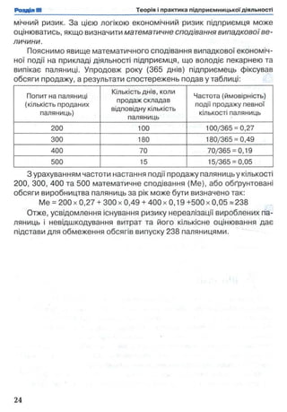 мічний ризик. За цією логікою економічний ризик підприємця може
оцінюватись, якщо визначити математичне сподівання випадкової ве­
личини.
Пояснимо явище математичного сподівання випадкової економіч­
ної події на прикладі діяльності підприємця, що володіє пекарнею та
випікає паляниці. Упродовж року (365 днів) підприємець фіксував
обсяги продажу, а результати спостережень подав у таблиці:
Попит на паляниці
(кількість проданих
паляниць)
Кількість днів, коли
продаж складав
відповідну кількість
паляниць
Частота (ймовірність)
події продажу певної
кількості паляниць
200 100 100/365 = 0,27
300 180 180/365 = 0,49
400 70 70/365 = 0,19
500 15 15/365 = 0,05
З урахуванням частоти настання події продажу паляниць у кількості
200, 300, 400 та 500 математичне сподівання (Me), або обґрунтовані
обсяги виробництва паляниць за рік може бути визначено так:
Me = 200 х 0,27 + 300 х 0,49 + 400 х 0,19 +500 х 0,05 «238
Отже, усвідомлення існування ризику нереалізації вироблених па­
ляниць і невідшкодування витрат та його кількісне оцінювання дає
підстави для обмеження обсягів випуску 238 паляницями.
 