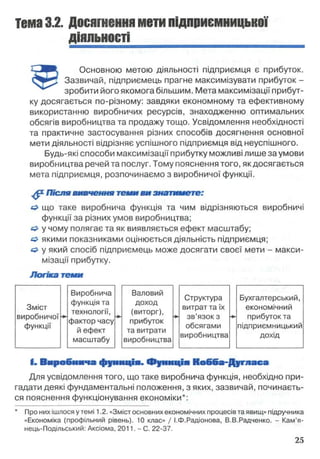 Тема3.2. Досягненняметипідприємницької
діяльності
Основною метою діяльності підприємця є прибуток.
Зазвичай, підприємець прагне максимізувати прибуток -
зробити його якомога більшим. Мета максимізації прибут­
ку досягається по-різному: завдяки економному та ефективному
використанню виробничих ресурсів, знаходженню оптимальних
обсягів виробництва та продажу тощо. Усвідомлення необхідності
та практичне застосування різних способів досягнення основної
мети діяльності відрізняє успішного підприємця від неуспішного.
Будь-які способи максимізації прибутку можливі лише за умови
виробництва речей та послуг. Тому пояснення того, як досягається
мета підприємця, розпочинаємо з виробничої функції.
Після вивчення теми ви знатимете:
о що таке виробнича функція та чим відрізняються виробничі
функції за різних умов виробництва;
о у чому полягає та як виявляється ефект масштабу;
якими показниками оцінюється діяльність підприємця;
& у який спосіб підприємець може досягати своєї мети - макси­
мізації прибутку.
Логіка теми
І. Виробнича ф ункцій. Ф ун к ц ій К обба-Д угласа
Для усвідомлення того, що таке виробнича функція, необхідно при­
гадати деякі фундаментальні положення, з яких, зазвичай, починаєть­
ся пояснення функціонування економіки*:
* Про них ішлося у темі 1.2. «Зміст основних економічних процесів та явищ» підручника
«Економіка (профільний рівень). 10 клас» / І.Ф.Радіонова, В.В.Радченко. - Кам’я-
нець-Подільський: Аксіома, 2011. - С. 22-37.
 