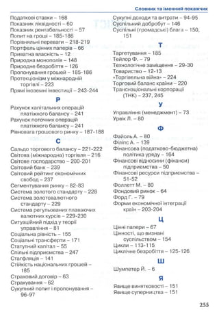 Податкові ставки - 168
Показник ліквідності - 60
Показник рентабельності - 57
Попит на гроші - 185-186
Порівняльні переваги - 218-219
Портфель цінних паперів - 66
Приватна власність - 12
Природна монополія -148
Природне безробіття -12 6
Пропонування грошей - 185-186
Протекціонізм у міжнародній
торгівлі - 223
Прямі іноземні інвестиції - 243-244
Р
Рахунок капітальних операцій
платіжного балансу - 241
Рахунок поточних операцій
платіжного балансу - 241
Рівновага грошового ринку - 187-188
С
Сальдо торгового балансу - 221-222
Світова (міжнародна) торгівля - 216
Світове господарство - 200-201
Світовий банк - 239
Світовий рейтинг економічних
свобод - 237
Сегментування ринку - 82-83
Система золотого стандарту - 228
Система золотовалютного
стандарту - 229
Система регульованих плаваючих
валютних курсів - 229-230
Ситуаційний підхід у теорії
управління - 81
Соціальна рівність - 155
Соціальні трансферти - 171
Статутний капітал - 55
Спільні підприємства - 247
Стагфляція - 141
Стійкість національних грошей -
185
Страховий договір - 63
Страхування - 62
Сукупний попит і пропонування -
96-97
Сукупні доходи та витрати - 94-95
Суспільний добробут - 146
Суспільні (громадські) блага - 150,
151
Т
Таргетування —185
Тейлор Ф. - 79
Технологічне заміщення - 29-30
Товариство -12-13
«Торгівельна війна» - 224
Торговий баланс країни - 220
Транснаціональні корпорації
(THK) - 237, 245
У
Управління (менеджмент) - 73
УрвікЛ. -8 0
Ф
Файоль А. - 80
Філіпс А. - 139
Фінансова (податково-бюджетна)
політика уряду - 164
Фінансові відносини (фінанси)
підприємства - 50
Фінансові ресурси підприємства -
51-52
Фоллетт М. - 80
Фондовий ринок - 64
Форд ґ. - 79
Форми економічної інтеграції
країн - 203-204
ц
Цінні папери - 67
Цінності, що визнані
суспільством - 154
Цикли - 113-115
Циклічне безробіття -125-126
ш
Шумпетер Й. - 6
Я
Явище винятковості - 151
Явище суперництва - 151
 