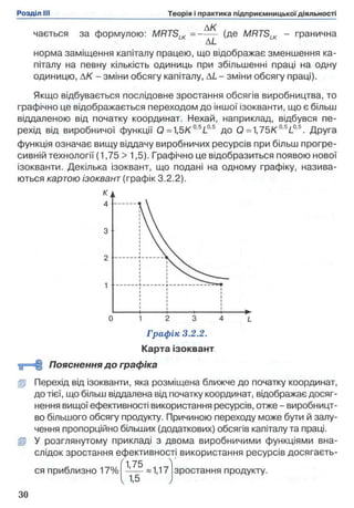чається за формулою: MRTSLK = ------ (де MRTSLK - гранична
AL
норма заміщення капіталу працею, що відображає зменшення ка­
піталу на певну кількість одиниць при збільшенні праці на одну
одиницю, АК - зміни обсягу капіталу, A L- зміни обсягу праці).
Якщо відбувається послідовне зростання обсягів виробництва, то
графічно це відображається переходом до іншої ізокванти, що є більш
віддаленою від початку координат. Нехай, наприклад, відбувся пе­
рехід від виробничої функції О =1,5KC,SL05 до О =1,75К'0'5/.0,5. Друга
функція означає вищу віддачу виробничих ресурсів при більш прогре­
сивній технології (1,75 > 1,5). Графічно це відобразиться появою нової
ізокванти. Декілька ізоквант, що подані на одному графіку, назива­
ються картою ізоквант (графік 3.2.2).
Графік 3.2.2.
Карта ізоквант
‘u = = j §Пояснення до графіка
fp Перехід від ізокванти, яка розміщена ближче до початку координат,
до тієї, що більш віддалена від початку координат, відображає досяг­
нення вищої ефективності використання ресурсів, отже - виробницт­
во більшого обсягу продукту. Причиною переходу може бути й залу­
чення пропорційно більших (додаткових) обсягів капіталу та праці.
®р У розглянутому прикладі з двома виробничими функціями вна­
слідок зростання ефективності використання ресурсів досягаєть­
ся приблизно 17% =1,17 зростання продукту.
ЗО
 