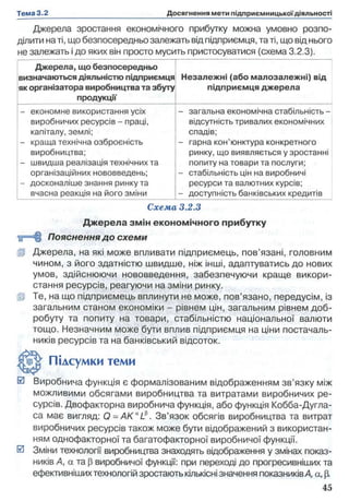Джерела зростання економічного прибутку можна умовно розпо­
ділити на ті, що безпосередньо залежать від підприємця, та ті, що від нього
не залежать і до яких він просто мусить пристосуватися (схема 3.2.3).
Джерела, що безпосередньо
визначаються діяльністю підприємця
як організатора виробництва та збуту
продукції
Незалежні (або малозалежні) від
підприємця джерела
- економне використання усіх
виробничих ресурсів - праці,
капіталу, землі;
- краща технічна озброєність
виробництва;
- швидша реалізація технічних та
організаційних нововведень;
- досконаліше знання ринку та
вчасна реакція на його зміни
- загальна економічна стабільність -
відсутність тривалих економічних
спадів;
- гарна кон’юнктура конкретного
ринку, що виявляється у зростанні
попиту на товари та послуги;
- стабільність цін на виробничі
ресурси та валютних курсів;
- доступність банківських кредитів
Схема 3.2.3
Джерела змін економічного прибутку
< Ц = Н §Пояснення до схеми
Щ Джерела, на які може впливати підприємець, пов’язані, головним
чином, з його здатністю швидше, ніж інші, адаптуватись до нових
умов, здійснюючи нововведення, забезпечуючи краще викори­
стання ресурсів, реагуючи на зміни ринку.
Ір Те, на що підприємець вплинути не може, пов’язано, передусім, із
загальним станом економіки - рівнем цін, загальним рівнем доб­
робуту та попиту на товари, стабільністю національної валюти
тощо. Незначним може бути вплив підприємця на ціни постачаль­
ників ресурсів та на банківський відсоток.
І у р ’ Підсумки теми
0 Виробнича функція є формалізованим відображенням зв’язку між
можливими обсягами виробництва та витратами виробничих ре­
сурсів. Двофакторна виробнича функція, або функція Кобба-Дугла-
са має вигляд: Q = A K aLfi. Зв’язок обсягів виробництва та витрат
виробничих ресурсів також може бути відображений з використан­
ням однофакторної та багатофакторної виробничої функції.
0 Зміни технології виробництва знаходять відображення у змінах показ­
ників А, а та р виробничої функції: при переході до прогресивніших та
ефективніших технологій зростають кількісні значення показниківД а, р.
 