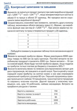 Контрольні запитання та завдання
I Визначте, як зміниться продукт (випуск) при зміні виробничої функції
зО =1,25K'0'5L0'5 наО =1,5K°'3L03, якщо використовується капітал в
обсязі 8 та праця в обсязі 27 одиниць. Які процеси могли спри­
чинити зміни виробничої функції?
В Скориставшись знаннями про ізокванти, заповніть другу колонку
таблиці, визначивши обсяги ресурсу праці (/.). Відомо, що вироб­
нича функція має вигляд О =1,25/<°'6І.0,5. При різних варіантах по­
єднання капіталу та праці створюється продукт у 25 одиниць.
к L
1
2
3
4
Побудуйте ізокванту за даними таблиці після заповнення другої
колонки.
В Визначте валовий прибуток фірми. Фірма реалізувала 8000 оди­
ниць товару по 500 грн за одну одиницю. Постійні витрати на ви­
робництво продукції становлять 2000 грн. Змінні витрати - 10 грн
на кожний виріб. Яким буде чистий прибуток фірми, якщо податок
на прибуток та інші платежі до бюджету становлять 30% ?
Q Визначте величину явних та неявних (альтернативних) витрат для
двох підприємців, які працюють в одній галузі. При існуючій у галузі
середній нормі прибутку на капітал кожен з них має отримувати
нормальний прибуток у розмірі 80 грн. Перший підприємець орен­
дує приміщення і наймає 10 працівників, транспортуючи продукцію
та сировину власним коштом. Другий працює у власному при­
міщенні, але, крім 10 робітників, наймає менеджера. Витрати на
придбання ресурсів є такими:
Вартість сировини 750
Вартість палива та енергії 310
Орендна плата 95
Зарплата робітників 3200
Зарплата менеджера 375
 