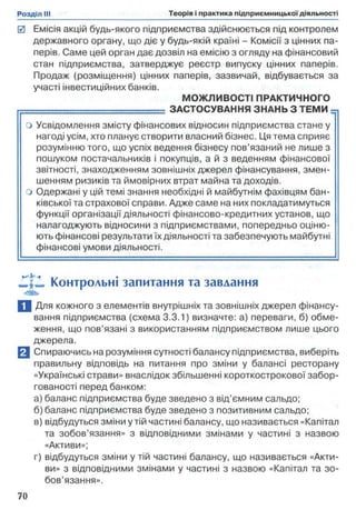 0 Емісія акцій будь-якого підприємства здійснюється під контролем
державного органу, що діє у будь-якій країні - Комісії з цінних па­
перів. Саме цей орган дає дозвіл на емісію з огляду на фінансовий
стан підприємства, затверджує реєстр випуску цінних паперів.
Продаж (розміщення) цінних паперів, зазвичай, відбувається за
участі інвестиційних банків.
МОЖЛИВОСТІ ПРАКТИЧНОГО
, ЗАСТОСУВАННЯ ЗНАНЬ З ТЕМИ
о Усвідомлення змісту фінансових відносин підприємства стане у
нагоді усім, хто планує створити власний бізнес. Ця тема сприяє
розумінню того, що успіх ведення бізнесу пов’язаний не лише з
пошуком постачальників і покупців, а й з веденням фінансової
звітності, знаходженням зовнішніх джерел фінансування, змен­
шенням ризиків та ймовірних втрат майна та доходів,
о Одержані у цій темі знання необхідні й майбутнім фахівцям бан­
ківської та страхової справи. Адже саме на них покладатимуться
функції організації діяльності фінансово-кредитних установ, що
налагоджують відносини з підприємствами, попередньо оціню­
ють фінансові результати їх діяльності та забезпечують майбутні
фінансові умови діяльності.
ZXL Контрольні запитання та завдання
П Д ля кожного з елементів внутрішніх та зовнішніх джерел фінансу­
вання підприємства (схема 3.3.1) визначте: а) переваги, б) обме­
ження, що пов’язані з використанням підприємством лише цього
джерела.
Q Спираючись на розуміння сутності балансу підприємства, виберіть
правильну відповідь на питання про зміни у балансі ресторану
«Українські страви» внаслідок збільшенні короткострокової забор­
гованості перед банком:
а) баланс підприємства буде зведено з від’ємним сальдо;
б) баланс підприємства буде зведено з позитивним сальдо;
в) відбудуться зміни у тій частині балансу, що називається «Капітал
та зобов’язання» з відповідними змінами у частині з назвою
«Активи»;
г) відбудуться зміни у тій частині балансу, що називається «Акти­
ви» з відповідними змінами у частині з назвою «Капітал та зо­
бов’язання».
 