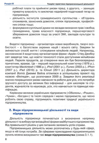 робітної плати та прийнятні умови праці, з другого, - захищає
приватну власність та виключає надмірний податковий тягар на
підприємців;
- діяльність інститутів громадянського суспільства - об’єднань
споживачів, захисників довкілля, спілок підприємців, професій­
них спілок тощо;
- формування суспільної думки на засадах визнання прав і свобод
громадянина, права власності підприємця, першочерговості
збереження довкілля тощо за участі ЗМІ, закладів культури та
освіти.
Видатні підприємці - організатори нових виробництв, творчі осо­
бистості - є багатством окремих націй і всього світу. Завдяки їм
змінюється спосіб життя і спілкування мільйонів людей. Наприклад,
засновникові й видатному організаторові фірми «Apple» Стіву Джобсу
світ завдячує тим, що новітні технології стали доступними мільйонам
людей. Перелік продуктів, до створення яких він був безпосередньо
причетним, вражає. Це - перший персональний комп’ютер (1976 p.),
комп’ютер Mackintosh (1986 p.), iPod (2001 p.), iTunes (2003 p.), iPhon
(2007 p.), iPad (2010) p. та iCIoud (2011 p.) Діяльність директора
компанії Bomis Джеммі Вейла втілилася в успішнішому проекті під
назвою «Вікіпедія», що розпочався 2000 р. Завдяки його реалізації
значно покращилися умови навчання та роботи для усіх, хто потребує
зручного доступу до великих баз інформації - для школярів та сту­
дентів, журналістів та науковців, усіх, хто навчається та підвищує ква­
ліфікацію.
Керівники великих українських підприємств («Оболонь», «Рошен»,
«Чумак», «Богдан») та тисяч середніх і малих підприємств, що чесно
роблять свою справу, підтримують позитивні традиції українського
підприємництва.
2. Види підприєм ницької діяльн о сті та види
підприєм ств
Діяльність підприємця починається з визначення напрямку
діяльності та вибору організаційної форми майбутнього підприємства.
Від правильності рішень у цих питаннях залежить успіх справи.
Підприємницька діяльність може розпочатись у будь-якій сфері,
якщо в ній існує потреба. За сферами прикладання підприємницьких
зусиль можна виокремити такі види підприємництва (схема 3.1.1).
 