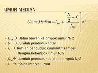 UMUR MEDIAN
 lMd  Batas bawah kelompok umur N/2
 N  Jumlah penduduk total
 fx  Jumlah penduduk kumulatif sampai
dengan kelompok umur N/2
 fMd Jumlah penduduk pada kelompok N/2
 i  Kelas interval umur
i
f
f
N
l
Median
Umur
Md
x
Md 












 2
21
 