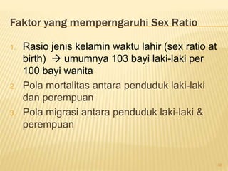 Faktor yang memperngaruhi Sex Ratio
1. Rasio jenis kelamin waktu lahir (sex ratio at
birth)  umumnya 103 bayi laki-laki per
100 bayi wanita
2. Pola mortalitas antara penduduk laki-laki
dan perempuan
3. Pola migrasi antara penduduk laki-laki &
perempuan
35
 