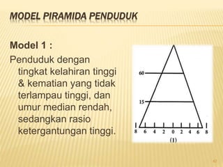 MODEL PIRAMIDA PENDUDUK
Model 1 :
Penduduk dengan
tingkat kelahiran tinggi
& kematian yang tidak
terlampau tinggi, dan
umur median rendah,
sedangkan rasio
ketergantungan tinggi.
42
 
