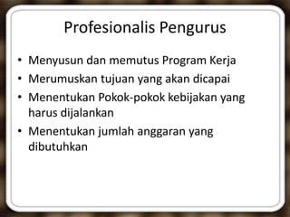 Profesionalis Pengurus
• Menyusun dan memutus Program Kerja
• Merumuskan tujuan yang akan dicapai
• Menentukan Pokok-pokok kebijakan yang
harus dijalankan
• Menentukan jumlah anggaran yang
dibutuhkan
 