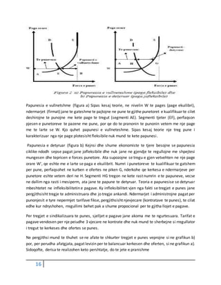 16
Papunesia e vullnetshme (figura a) Sipas kesaj teorie, ne nivelin W te pages (page ekuilibri),
ndermarjet (firmat) jane te gateshme te pajtojne ne pune te gjithe punetoret e kualifikuar te cilet
deshirojne te punojne me kete page te tregut (segmenti AE). Segmenti tjeter (EF), perfaqson
pjesen e punetoreve te pazene me pune, por qe do te pranonin te punonin vetem me nje page
me te larte se W. Kjo quhet papunesi e vullneteshme. Sipas kesaj teorie nje treg pune i
karakterizuar nga nje page plotesisht fleksibile nuk mund te kete papunesi.
Papunesia e detyruar (figura b) Kejnsi dhe shume ekonomiste te tjere besojne se papunesia
ciklike ndodh sepse pagat jane jofleksibile dhe nuk jane ne gjendje te regullojne me shpejtesi
mungesen dhe tepricen e forces punetore. Ata supozojne se tregu e gjen vetvehten ne nje page
orare W', qe eshte me e larte se paga e ekuilibrit. Numri i punetoreve te kualifikuar te gatshem
per pune, perfaqsohet ne kurben e ofertes ne piken G, nderkohe qe kerkesa e ndermarjeve per
punetore eshte vetem deri ne H. Segmenti HG tregon ne kete rast numrin e te papuneve, vecse
ne dallim nga rasti i mesiperm, ata jane te papune te detyruar. Teoria e papunesise se detyruar
mbeshtetet ne infleksibilitetin e pagave. Ky infleksibilitet vjen nga fakti se tregjet e punes jane
pergjithsisht tregje te administruara dhe jo tregje ankandi. Ndermarjet i administrojne pagat per
punonjesit e tyre nepermjet tarifave fikse, pergjithsisht njevjecare (kontratave te punes), te cilat
edhe kur ndryshohen, rregullimi behet pak a shume propocional per te gjitha llojet e pagave.
Per tregjet e sindikalizuara te punes, sjelljet e pagave jane akoma me te ngurtesuara. Tarifat e
pagave vendosen per nje peiudhe 3 vjecare ne kontrate dhe nuk mund te sherbejne si rregullator
i tregut te kerkeses dhe ofertes se punes.
Ne pergjithsi mund te thuhet se ne afate te shkurter tregjet e punes veprojne si ne grafikun b)
por, per perudha afatgjata, pagat levizin per te balancuar kerkesen dhe oferten, si ne grafikun a).
Sidoqofte, derisa te realizohen keto pershtatje, do te jete e pranishme
 