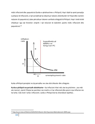 18
midis inflacionit dhe papunësisë (kurba e qëndrueshme e Philipsit). Hapi i dytë ka qenë paraqitja
e pritjeve të inflacionit, sinjë variabëlqë ka ndryshuar lakoren afatshkurtër të Filipsitdhe normën
natyrore të papunësisë, duke përcaktuar lakoren vertikale afatgjatë të Philipsit. Hapi i tretë është
shkaktuar nga një fenomen empirik i një relacioni të dukshëm pozitiv midis inflacionit dhe
papunësisë.14
Kurba ePhilipsit paraqitet ne dy periudha nw atw afat shkurter dhe afatgjate .
Kurba e philipsit nw periudh afatshkurter - Kur inflacioni rritet mbi atw tw pritshmin , ose mbi
ate inercial , njerzit fillojne tw pershten me nivelin e ri tw inflacionit dhe presin njw inflacion me
tw lartw. Cdo nivel i lartw i inflacionit , kurba e Philipsit do tw zhvendoset djathtas .
14 http://azure.ikub.al/Shkolla/10/02/03/Inflacioni-dhe-Papunesia-Makroekonomi-0099.aspx
 