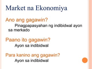 Market na Ekonomiya
Ano ang gagawin?
Pinagpapasyahan ng indibidwal ayon
sa merkado
Paano ito gagawin?
Ayon sa indibidwal
Para kanino ang gagawin?
Ayon sa indibidwal
 