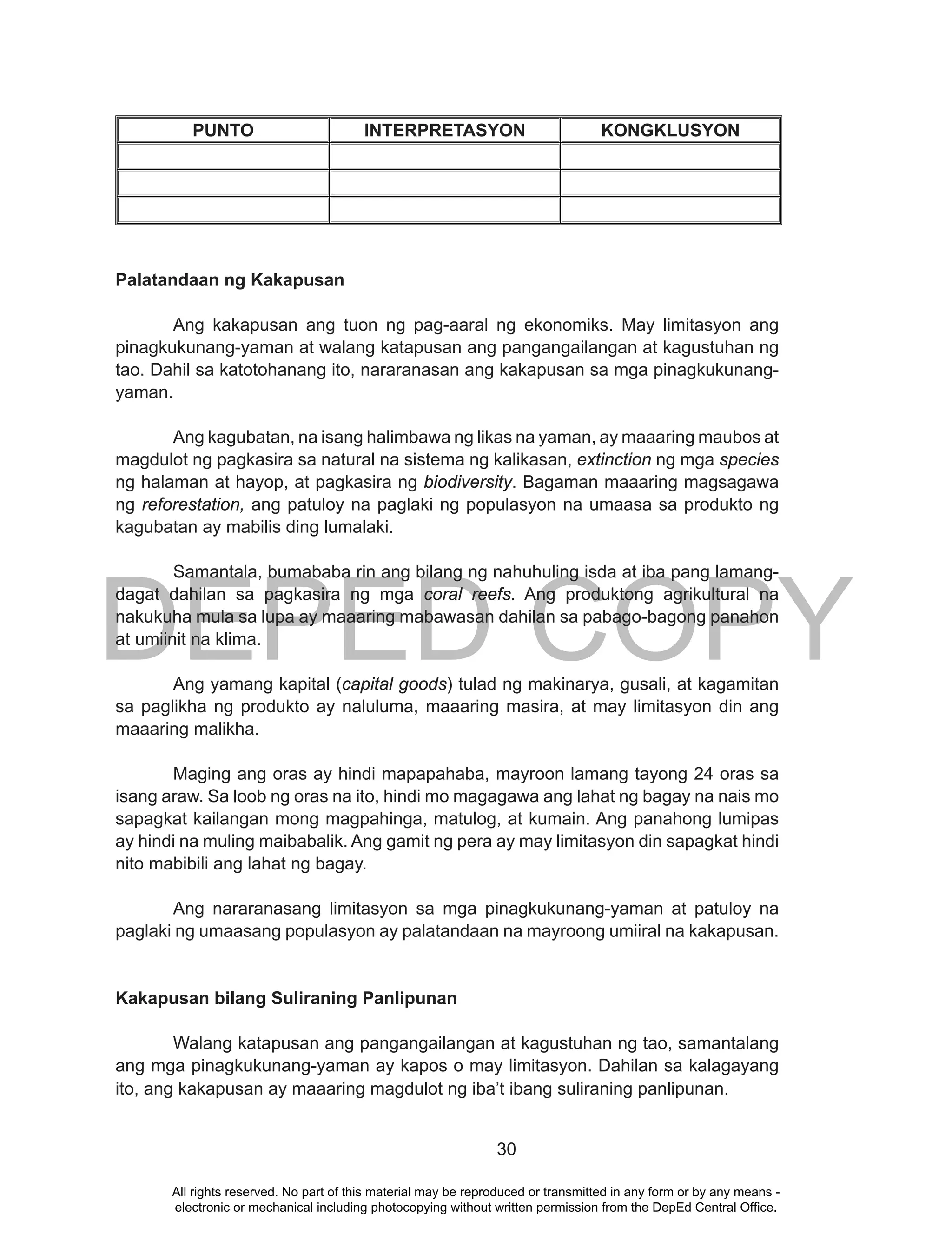 DEPED COPY
30
PUNTO INTERPRETASYON KONGKLUSYON
Palatandaan ng Kakapusan
Ang kakapusan ang tuon ng pag-aaral ng ekonomiks. May limitasyon ang
pinagkukunang-yaman at walang katapusan ang pangangailangan at kagustuhan ng
tao. Dahil sa katotohanang ito, nararanasan ang kakapusan sa mga pinagkukunang-
yaman.
Ang kagubatan, na isang halimbawa ng likas na yaman, ay maaaring maubos at
magdulot ng pagkasira sa natural na sistema ng kalikasan, extinction ng mga species
ng halaman at hayop, at pagkasira ng biodiversity. Bagaman maaaring magsagawa
ng reforestation, ang patuloy na paglaki ng populasyon na umaasa sa produkto ng
kagubatan ay mabilis ding lumalaki.
Samantala, bumababa rin ang bilang ng nahuhuling isda at iba pang lamang-
dagat dahilan sa pagkasira ng mga coral reefs. Ang produktong agrikultural na
nakukuha mula sa lupa ay maaaring mabawasan dahilan sa pabago-bagong panahon
at umiinit na klima.
Ang yamang kapital (capital goods) tulad ng makinarya, gusali, at kagamitan
sa paglikha ng produkto ay naluluma, maaaring masira, at may limitasyon din ang
maaaring malikha.
Maging ang oras ay hindi mapapahaba, mayroon lamang tayong 24 oras sa
isang araw. Sa loob ng oras na ito, hindi mo magagawa ang lahat ng bagay na nais mo
sapagkat kailangan mong magpahinga, matulog, at kumain. Ang panahong lumipas
ay hindi na muling maibabalik. Ang gamit ng pera ay may limitasyon din sapagkat hindi
nito mabibili ang lahat ng bagay.
Ang nararanasang limitasyon sa mga pinagkukunang-yaman at patuloy na
paglaki ng umaasang populasyon ay palatandaan na mayroong umiiral na kakapusan.
Kakapusan bilang Suliraning Panlipunan
Walang katapusan ang pangangailangan at kagustuhan ng tao, samantalang
ang mga pinagkukunang-yaman ay kapos o may limitasyon. Dahilan sa kalagayang
ito, ang kakapusan ay maaaring magdulot ng iba’t ibang suliraning panlipunan.
All rights reserved. No part of this material may be reproduced or transmitted in any form or by any means -
electronic or mechanical including photocopying without written permission from the DepEd Central Office.
 