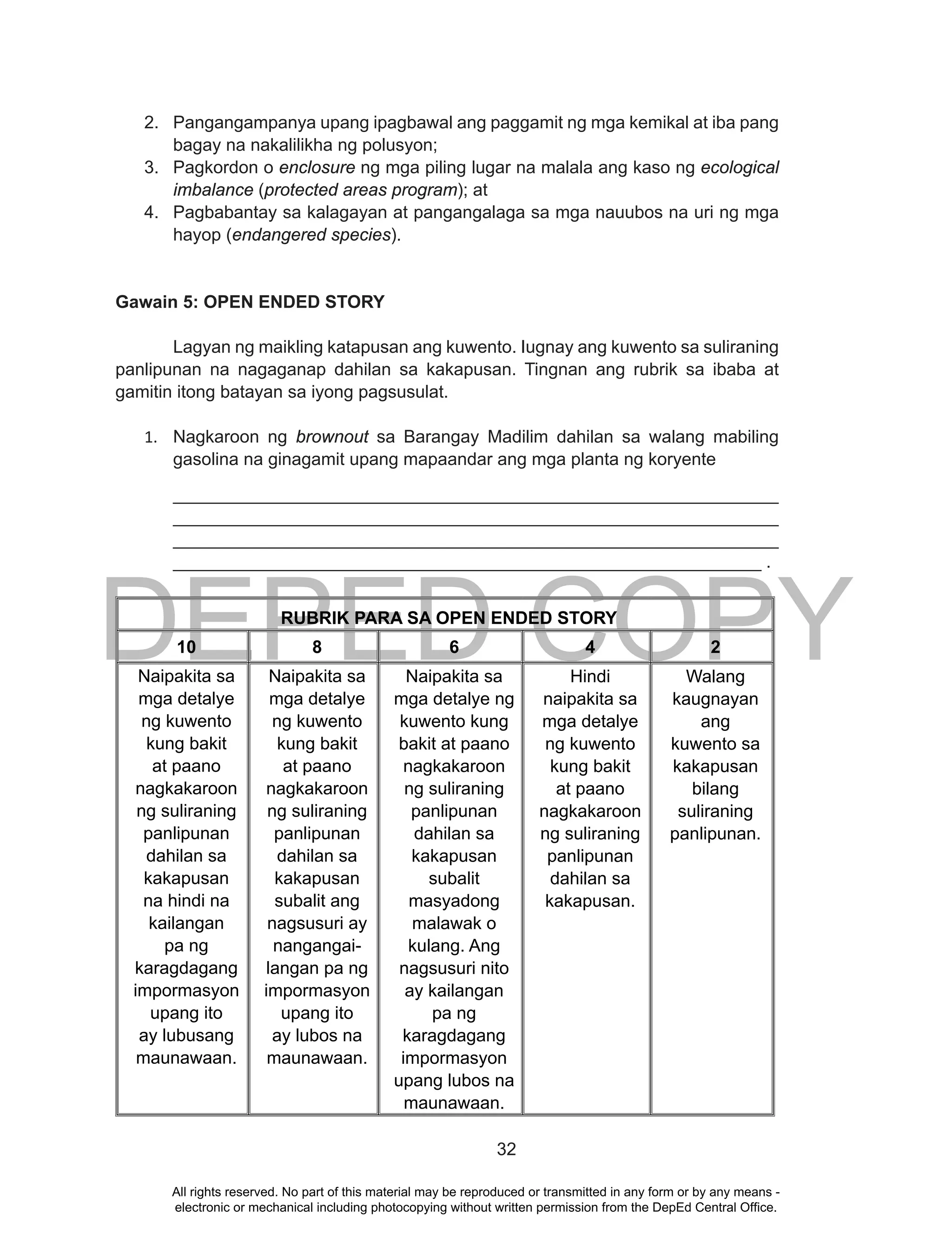 DEPED COPY
32
2. Pangangampanya upang ipagbawal ang paggamit ng mga kemikal at iba pang
bagay na nakalilikha ng polusyon;
3. Pagkordon o enclosure ng mga piling lugar na malala ang kaso ng ecological
imbalance (protected areas program); at
4. Pagbabantay sa kalagayan at pangangalaga sa mga nauubos na uri ng mga
hayop (endangered species).
Gawain 5: OPEN ENDED STORY
Lagyan ng maikling katapusan ang kuwento. Iugnay ang kuwento sa suliraning
panlipunan na nagaganap dahilan sa kakapusan. Tingnan ang rubrik sa ibaba at
gamitin itong batayan sa iyong pagsusulat.
1. Nagkaroon ng brownout sa Barangay Madilim dahilan sa walang mabiling
gasolina na ginagamit upang mapaandar ang mga planta ng koryente
_____________________________________________________________
_____________________________________________________________
_____________________________________________________________
____________________________________________________________ .
RUBRIK PARA SA OPEN ENDED STORY
10 8 6 4 2
Naipakita sa
mga detalye
ng kuwento
kung bakit
at paano
nagkakaroon
ng suliraning
panlipunan
dahilan sa
kakapusan
na hindi na
kailangan
pa ng
karagdagang
impormasyon
upang ito
ay lubusang
maunawaan.
Naipakita sa
mga detalye
ng kuwento
kung bakit
at paano
nagkakaroon
ng suliraning
panlipunan
dahilan sa
kakapusan
subalit ang
nagsusuri ay
nangangai-
langan pa ng
impormasyon
upang ito
ay lubos na
maunawaan.
Naipakita sa
mga detalye ng
kuwento kung
bakit at paano
nagkakaroon
ng suliraning
panlipunan
dahilan sa
kakapusan
subalit
masyadong
malawak o
kulang. Ang
nagsusuri nito
ay kailangan
pa ng
karagdagang
impormasyon
upang lubos na
maunawaan.
Hindi
naipakita sa
mga detalye
ng kuwento
kung bakit
at paano
nagkakaroon
ng suliraning
panlipunan
dahilan sa
kakapusan.
Walang
kaugnayan
ang
kuwento sa
kakapusan
bilang
suliraning
panlipunan.
All rights reserved. No part of this material may be reproduced or transmitted in any form or by any means -
electronic or mechanical including photocopying without written permission from the DepEd Central Office.
 