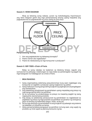 203
DEPED COPY
Gawain 5: VENN DIAGRAM
	 Mula sa tekstong iyong nabasa, punan ng mahahalagang impormasyon
ang Venn Diagram gamit ang mga pamprosesong tanong upang maipakita ang
pagkakaiba-iba at pagkakatulad ng price ceiling at price floor.
Pamprosesong Tanong
1.	 Ano ang pagkakatulad ng dalawang konsepto?
2.	 Paano naman sila nagkakaiba?
3.	 Paano ito nakatutulong sa mga konsyumer o prodyuser?
Gawain 6: ISIP-TSEK---Chain of Facts
Batay sa iyong nakalap na kaalaman sa tekstong binasa, sagutin ang
sumusunod na pahayag o katanungan na nasa ibaba sa pamamagitan ng pagpili ng
mga kasagutan na matatagpuan sa circles of facts.
	 MGA PAHAYAG:
1.	 Isang organisadong sistemang pang-ekonomiya kung saan nagtatagpo ang
konsyumer at nagbibili o prodyuser upang magkaroon ng palitan.
2.	 Isanginstitusyonnaangpangunahingtungkulinaypaglingkuranatpangalagaan
ang sambayanan.
3.	 Ang patakarang ipinatutupad ng pamahalaan upang mapatatag ang presyo ng
mga pangunahing bilihin sa pamilihan.
4.	 Ito ay tumutukoy sa pinakamataas na presyo na maaaring ipagbili ng isang
negosyante ang kaniyang produkto.
5.	 Ang tawag sa patakarang ipinasusunod ng pamahalaan na nagbabawal sa
pagtataas ng presyo ng mga produkto sa pamilihan sa panahon ng emergency
gaya na lamang ng kalamidad (bagyo, lindol, at iba pa).
6.	 Isa sa mga ahensiya ng pamahalaan na ang tungkulin ay palawigin ang sistema
ng kalakalan at industriya sa bansa.
7.	 Isang pansamantalang pangyayari sa pamilihan na kung saan, ang supply ng
produkto ay hindi sapat sa planong ikonsumo ng tao.
PAGKAKAIBA
PAGKAKATULAD
 