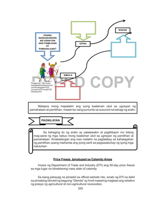 205
DEPED COPY
Price Freeze, Ipinatupad sa Calamity Areas
Iniutos ng Department of Trade and Industry (DTI) ang 60-day price freeze
sa mga lugar na idineklarang nasa state of calamity.
Sa isang pahayag na ipinaskil sa official website nito, sinabi ng DTI na dahil
sa pinsalang idinulot ng bagyong “Glenda” ay hindi maaaring magtaas ang retailers
ng presyo ng agricultural at non-agricultural necessities.
PAANO
NAGKAKAROON
NG UGNAYAN
ANG PAMILIHAN
AT
PAMAHALAAN?
SIMULA
GITNA
WAKAS
Pinagkunan:
http://www.westsideelementar
yschool.com/Kindergarten%2
0Journey%20Through%20Rea
ding.html
Retrived: November 17, 2014
Matapos mong mapalalim ang iyong kaalaman ukol sa ugnayan ng
pamahalaan at pamilihan, maaari ka nang pumunta sa susunod na bahagi ng aralin.
Sa bahaging ito ng aralin ay palalawakin at pagtitibayin mo bilang
mag-aaral ng mga nabuo mong kaalaman ukol sa ugnayan ng pamilihan at
pamahalaan. Kinakailangan ang mas malalim na pagtalakay sa kahalagahan
ng pamilihan upang maihanda ang iyong sarili sa pagsasabuhay ng iyong mga
natutuhan.
PAGNILAYAN
Pinagkunan: http://www.
westsideelementaryschool.
com/Kindergarten%20
Journey%20Through%20
Reading.html
 