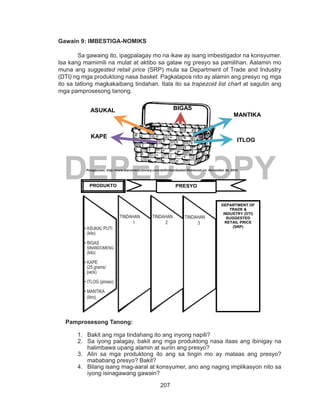 207
DEPED COPY
Gawain 9: IMBESTIGA-NOMIKS
Sa gawaing ito, ipagpalagay mo na ikaw ay isang imbestigador na konsyumer.
Isa kang mamimili na mulat at aktibo sa galaw ng presyo sa pamilihan. Aalamin mo
muna ang suggested retail price (SRP) mula sa Department of Trade and Industry
(DTI) ng mga produktong nasa basket. Pagkatapos nito ay alamin ang presyo ng mga
ito sa tatlong magkakaibang tindahan. Itala ito sa trapezoid list chart at sagutin ang
mga pamprosesong tanong.
Pamprosesong Tanong:
1.	 Bakit ang mga tindahang ito ang inyong napili?
2.	 Sa iyong palagay, bakit ang mga produktong nasa itaas ang ibinigay na
halimbawa upang alamin at suriin ang presyo?
3.	 Alin sa mga produktong ito ang sa tingin mo ay mataas ang presyo?
mababang presyo? Bakit?
4.	 Bilang isang mag-aaral at konsyumer, ano ang naging implikasyon nito sa
iyong isinagawang gawain?
Pinagkunan: http://www.learnersdictionary.com/definition/basket Retrieved on: November 24, 2014
PRESYOPRODUKTO
DEPARTMENT OF
TRADE &
INDUSTRY (DTI)
SUGGESTED
RETAIL PRICE
(SRP)
TINDAHAN
3
TINDAHAN
2
TINDAHAN
1
Pinagkunan: http://www.learnersdictionary.com/definition/basket
Retrived on: November 24, 2014
BIGAS
MANTIKA
ASUKAL
KAPE
ITLOG
Pinagkunan: http://www.learnersdictionary.com/definition/basket
Retrived on: November 24, 2014
BIGAS
MANTIKA
ASUKAL
KAPE
ITLOG
• ASUKAL PUTI
(kilo)
• BIGAS
SINANDOMENG
(kilo)
• KAPE
(25 grams/
pack)
• ITLOG (piraso)
• MANTIKA
(litro)
TINDAHAN
1
TINDAHAN
2
TINDAHAN
3
 