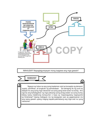 209
DEPED COPY
PAANO
NAGKAKAROON
NG UGNAYAN
ANG PAMILIHAN
AT
PAMAHALAAN?
SIMULA
GITNA
WAKAS
Pinagkunan:
http://www.westsideelementar
yschool.com/Kindergarten%2
0Journey%20Through%20Rea
ding.html
Retrived: November 17, 2014
Ngayon ay lubos na ang iyong kaalaman ukol sa konsepto ng demand,
supply, pamilihan, at tungkulin ng pamahalaan. Sa bahaging ito ng yunit ay
ilalapat mo ang iyong mga natutuhan sa iyong pang-araw-araw na buhay. Ano
nga ba ang kahalagahan ng mga paksang iyong pinag-aralan sa iyong buhay
bilang isang matalinong konsyumer o kaya ay mapanagutang negosyante
sa hinaharap? Upang mabigyan mo ng kasagutan iyan ay gagampanan mo
ang isang gawain upang maging kapaki-pakinabang ang mga aral na iyong
natutuhan.
MAHUSAY! Napagtagumpayan mong isagawa ang mga gawain!
ISABUHAY
Pinagkunan: http://www.
westsideelementaryschool.
com/Kindergarten%20
Journey%20Through%20
Reading.html
 