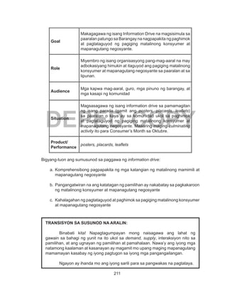 211
DEPED COPY
Goal
Makagagawa ng isang Information Drive na magsisimula sa
paaralan patungo sa Barangay na nagpapakita ng paghimok
at pagtataguyod ng pagiging matalinong konsyumer at
mapanagutang negosyante.
Role
Miyembro ng isang organisasyong pang-mag-aaral na may
adbokasiyang himukin at itaguyod ang pagiging matalinong
konsyumer at mapanagutang negosyante sa paaralan at sa
lipunan.
Audience
Mga kapwa mag-aaral, guro, mga pinuno ng barangay, at
mga kasapi ng komunidad
Situation
Magsasagawa ng isang information drive sa pamamagitan
ng isang parada (gamit ang posters, placards, leaflets)
sa paaralan o kaya ay sa komunidad ukol sa paghimok
at pagtataguyod ng pagiging matalinong konsyumer at
mapanagutang negosyante. Maaaring maging culminating
activity ito para Consumer’s Month sa Oktubre.
Product/
Performance
posters, placards, leaflets
	
Bigyang-tuon ang sumusunod sa paggawa ng information drive:
a. 	Komprehensibong pagpapakita ng mga katangian ng matalinong mamimili at
mapanagutang negosyante
b. 	Pangangatwiran na ang katatagan ng pamilihan ay nakabatay sa pagkakaroon
ng matalinong konsyumer at mapanagutang negosyante
c. 	Kahalagahan ng pagtataguyod at paghimok sa pagiging matalinong konsyumer
at mapanagutang negosyante
TRANSISYON SA SUSUNOD NA ARALIN:
Binabati kita! Napagtagumpayan mong naisagawa ang lahat ng
gawain sa bahagi ng yunit na ito ukol sa demand, supply, interaksiyon nito sa
pamilihan, at ang ugnayan ng pamilihan at pamahalaan. Nawa’y ang iyong mga
natamong kaalaman at kasanayan ay magamit mo upang maging mapanagutang
mamamayan kasabay ng iyong pagtugon sa iyong mga pangangailangan.
Ngayon ay ihanda mo ang iyong sarili para sa pangwakas na pagtataya.
 