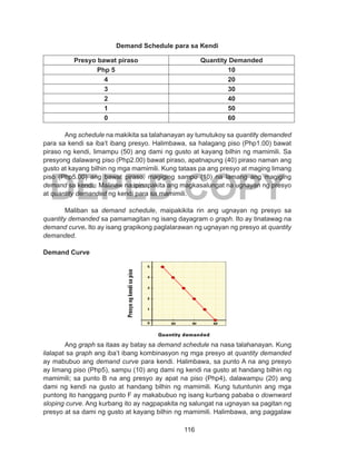 116
DEPED COPY
Demand Schedule para sa Kendi
Presyo bawat piraso Quantity Demanded
Php 5 10
4 20
3 30
2 40
1 50
0 60
	
Ang schedule na makikita sa talahanayan ay tumutukoy sa quantity demanded
para sa kendi sa iba’t ibang presyo. Halimbawa, sa halagang piso (Php1.00) bawat
piraso ng kendi, limampu (50) ang dami ng gusto at kayang bilhin ng mamimili. Sa
presyong dalawang piso (Php2.00) bawat piraso, apatnapung (40) piraso naman ang
gusto at kayang bilhin ng mga mamimili. Kung tataas pa ang presyo at maging limang
piso (Php5.00) ang bawat piraso, magiging sampu (10) na lamang ang magiging
demand sa kendi. Malinaw na ipinapakita ang magkasalungat na ugnayan ng presyo
at quantity demanded ng kendi para sa mamimili.
Maliban sa demand schedule, maipakikita rin ang ugnayan ng presyo sa
quantity demanded sa pamamagitan ng isang dayagram o graph. Ito ay tinatawag na
demand curve. Ito ay isang grapikong paglalarawan ng ugnayan ng presyo at quantity
demanded.
Demand Curve
Ang graph sa itaas ay batay sa demand schedule na nasa talahanayan. Kung
ilalapat sa graph ang iba’t ibang kombinasyon ng mga presyo at quantity demanded
ay mabubuo ang demand curve para kendi. Halimbawa, sa punto A na ang presyo
ay limang piso (Php5), sampu (10) ang dami ng kendi na gusto at handang bilhin ng
mamimili; sa punto B na ang presyo ay apat na piso (Php4), dalawampu (20) ang
dami ng kendi na gusto at handang bilhin ng mamimili. Kung tutuntunin ang mga
puntong ito hanggang punto F ay makabubuo ng isang kurbang pababa o downward
sloping curve. Ang kurbang ito ay nagpapakita ng salungat na ugnayan sa pagitan ng
presyo at sa dami ng gusto at kayang bilhin ng mamimili. Halimbawa, ang paggalaw
 