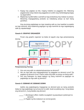 123
DEPED COPY
1.	 Kapag may pagtaas sa kita, maging matalino sa paggasta nito. Matutong
pagplanuhan nang mabuti ang paggastos at unahin ang mahahalagang bagay
na dapat bilihin.
2.	 Maghanap ng alternatibo o pamalit sa mga produktong may mataas na presyo.
Maraming mapagpipiliang produkto sa mababang presyo sa iba’t ibang
pamilihan.
Ang anumang pagbabago sa mga nasabing salik ay may kaakibat na epekto
sa mga mamimili. Ang matalinong pagtugon ng mga mamimili sa mga nagbabagong
salik ay napakahalaga.
Gawain 8: GRAPHIC ORGANIZER
Punan ang graphic organizer sa ibaba at sagutin ang mga pamprosesong
tanong:
Pamprosesong Tanong:
1.	 Ano–ano ang salik na nakakaimpluwensiya sa demand?
2.	 Alin sa mga salik ang makapagdudulot ng paggalaw sa demand curve? Sa
paglipat ng demand curve? Paano naiiba ang salik na presyo sa ibang salik?
3.	 Ano ang katangian na dapat taglayin ng isang mamimili sa pagtugon sa
pagbabago sa mga salik ng demand?
Gawain 9: DEMAND UP, DEMAND DOWN!
Ipakita ang pagbabagong magaganap sa demand para sa isang produkto
batay sa mga pagbabago ng sumusunod na salik. Isulat sa patlang ang ↑ kung tataas
ang demand at ↓ kung bababa ang demand.
_____ 1. Bandwagon effect, mabilis na pagdami ng populasyon (potensyal na
demand)
_____ 2. Paglaki ng kita (nakatuon sa normal goods)
 