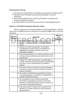 130
DEPED COPY
Pamprosesong Tanong:
1. Ano ang iyong naging basehan sa pagpili ng mga produkto at serbisyong ito?
2. Nahirapan ka ba sa pagpili ng mga produktong ilalagay sa basket?
Ipaliwanag.
3. Ano-ano ang produktong mas malaki ang kabawasan sa pagkonsumo
kaugnay ng pagtaas sa presyo?
4. Anong konsepto sa ekonomiks ang sumusukat sa mga pagbabagong ito?
Gawain 2: A-R GUIDE (Anticipation-Reaction Guide)
Alamin kung gaano na ang iyong kaalaman sa paksang tatalakayin. Isulat sa
unang kolum ang SA kung ikaw ay sang-ayon sa pahayag at HSA naman kung hindi
sang-ayon.
Bago ang
Talakayan
PAHAYAG
Matapos
ang
Talakayan
1. Ang price elasticity of demand ay sumusukat sa
pagtugon ng quantity demanded sa pagbabago ng
presyo.
2. Kapag mas malaki ang pagtugon ng bahagdan
ng pagbabago ng presyo kaysa sa bahagdan ng
pagbabago ng quantity demanded, ang uri ng
elastisidad ay elastiko.
3. Ang mga produktong inumin tulad ng softdrinks, juice,
at tubig ay mga produktong price elastic dahil marami
itong pamalit.
4. Kapag mas malaki ang pagtugon ng pagbabago ng
quantity demanded kaysa sa bahagdan ng pagbabago
ng presyo, ang uri ng elastisidad ay di-elastiko o
inelastic.
5. Ang mga produkto at serbisyo na lubhang kailangan
ng mga tao sa araw-araw tulad ng bigas, koryente, at
tubig ay di-elastiko.
6. Ang unitary ay halimbawa ng elastisidad na pareho
ang naging pagtugon ng bahagdan ng pagbabago ng
quantity demanded at presyo.
7. Sa uring elastiko, kaya sensitibo ang quantity
demanded sa pagbabago ng presyo ay dahil ang
produkto ay maraming pamalit o kaya ay isang luho o
hindi naman masyadong kailangan.
8. Ang mga produkto o serbisyo na may ganap na di-
elastikong o inelastic demand ay mga produktong
walang pamalit.
 