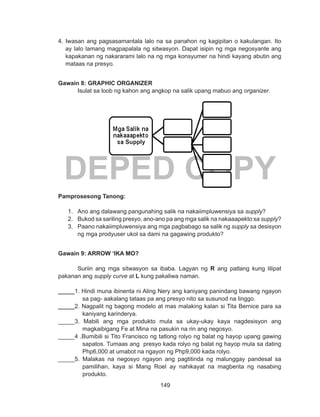 149
DEPED COPY
4. Iwasan ang pagsasamantala lalo na sa panahon ng kagipitan o kakulangan. Ito
ay lalo lamang magpapalala ng sitwasyon. Dapat isipin ng mga negosyante ang
kapakanan ng nakararami lalo na ng mga konsyumer na hindi kayang abutin ang
mataas na presyo.
Gawain 8: GRAPHIC ORGANIZER
	 Isulat sa loob ng kahon ang angkop na salik upang mabuo ang organizer.
Pamprosesong Tanong:
1.	 Ano ang dalawang pangunahing salik na nakaiimpluwensiya sa supply?
2.	 Bukod sa sariling presyo, ano-ano pa ang mga salik na nakaaapekto sa supply?
3.	 Paano nakaiimpluwensiya ang mga pagbabago sa salik ng supply sa desisyon
ng mga prodyuser ukol sa dami na gagawing produkto?
Gawain 9: ARROW ‘IKA MO?
Suriin ang mga sitwasyon sa ibaba. Lagyan ng R ang patlang kung lilipat
pakanan ang supply curve at L kung pakaliwa naman.
_____1. Hindi muna ibinenta ni Aling Nery ang kaniyang panindang bawang ngayon
sa pag- aakalang tataas pa ang presyo nito sa susunod na linggo.
_____2. Nagpalit ng bagong modelo at mas malaking kalan si Tita Bernice para sa
kaniyang karinderya.
_____3. Mabili ang mga produkto mula sa ukay-ukay kaya nagdesisyon ang
magkaibigang Fe at Mina na pasukin na rin ang negosyo.
_____4 .Bumibili si Tito Francisco ng tatlong rolyo ng balat ng hayop upang gawing
sapatos. Tumaas ang presyo kada rolyo ng balat ng hayop mula sa dating
Php6,000 at umabot na ngayon ng Php9,000 kada rolyo.
_____5. Malakas na negosyo ngayon ang pagtitinda ng malunggay pandesal sa
pamilihan, kaya si Mang Roel ay nahikayat na magbenta ng nasabing
produkto.
Supply
 