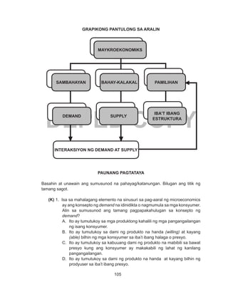 105
DEPED COPY
GRAPIKONG PANTULONG SA ARALIN
PAUNANG PAGTATAYA
Basahin at unawain ang sumusunod na pahayag/katanungan. Bilugan ang titik ng
tamang sagot.
(K) 1. Isa sa mahalagang elemento na sinusuri sa pag-aaral ng microeconomics
ay ang konsepto ng demand na idinidikta o nagmumula sa mga konsyumer.
Alin sa sumusunod ang tamang pagpapakahulugan sa konsepto ng
demand?
A.	 Ito ay tumutukoy sa mga produktong kahalili ng mga pangangailangan
ng isang konsyumer.
B.	 Ito ay tumutukoy sa dami ng produkto na handa (willing) at kayang
(able) bilhin ng mga konsyumer sa iba’t ibang halaga o presyo.
C.	 Ito ay tumutukoy sa kabuuang dami ng produkto na mabibili sa bawat
presyo kung ang konsyumer ay makakabili ng lahat ng kanilang
pangangailangan.
D.	 Ito ay tumutukoy sa dami ng produkto na handa at kayang bilhin ng
prodyuser sa iba’t ibang presyo.
MAYKROEKONOMIKS
SAMBAHAYAN BAHAY-KALAKAL PAMILIHAN
DEMAND SUPPLY
IBA’T IBANG
ESTRUKTURA
INTERAKSIYON NG DEMAND AT SUPPLY
 