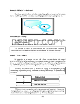 160
DEPED COPY
Matapos mong maorganisa ang iyong mga paunang kaalaman, ihanda ang
iyong sarili para sa susunod na bahagi ng aralin upang higit mong maunawaan ng
mas malalim ang konsepto ng interaksiyon ng demand at supply.
Gawain 2: RETWEET.... BARGAIN
Gamit ang speech balloon sa ibaba, magbahagi ng ilan sa iyong mga karanasan
ukol sa pagbili ng produkto o serbisyo at pakikipagtawaran sa presyo ng mga ito.
Pamprosesong Tanong:		
1.	 Sa tingin mo, bakit pumayag ang prodyuser na ibigay ang produkto sa nais
mong presyo at dami?
2.	 Bakit ka naman pumayag sa nais din niyang presyo at dami?
Gawain 3: 3-2-1 CHART!
Sa bahaging ito ay punan mo ang 3-2-1-Chart na nasa ibaba. Ang bahagi
lamang ng 1-Chart ang iyong lalagyan ng kasagutan sa pamamagitan ng pagsagot sa
tanong na nasa kahon. Ito ay magsisilbing inisyal mong nalalaman tungkol sa paksa.
Ang 3-2 Chart ay sasagutan mo lamang sa mga susunod na bahagi ng aralin.
Paanong ang interaksiyon ng demand at supply ay nagiging batayan ng
matalinong pagdedesisyon ng prodyuser at konsyumer tungo sa pambansang
kaunlaran.
Sa susunod na bahagi ay sasagutan mo ang KWL chart upang inisyal na
masukat ang iyong nalalaman tungkol sa interaksiyon ng demand at supply.
 