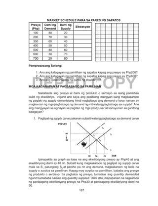 167
DEPED COPY
MARKET SCHEDULE PARA SA PARES NG SAPATOS
Presyo
(Php)
Dami ng
Demand
Dami ng
Supply
Sitwasyon
100 80 20
200 70 30
300 60 40
400 50 50
500 40 60
600 30 70
700 20 80
Pamprosesong Tanong:
1.	Ano ang kalagayan ng pamilihan ng sapatos kapag ang presyo ay Php200?
2.	Ano ang kalagayan ng pamilihan ng sapatos kapag ang presyo ay Php600?
3.	Ano ang ipinahihiwatig ng punto ng ekwilibriyo?
MGA KAGANAPAN AT PAGBABAGO SA PAMILIHAN
	 Naitatakda ang presyo at dami ng produkto o serbisyo sa isang pamilihan
dulot ng ekwilibriyo. Ngunit ano kaya ang posibleng mangyari kung magkakaroon
ng paglaki ng supply samantalang hindi nagbabago ang demand o kaya naman ay
magkaroon ng mga pagbabago ng demand ngunit walang pagbabago sa supply? Ano
ang mangyayari sa ugnayan sa pagitan ng mga prodyuser at konsyumer sa ganitong
kalagayan?
1.	 Paglipat ng supply curve pakanan subalit walang pagbabago sa demand curve
Ipinapakita sa graph sa itaas na ang ekwilibriyong presyo ay Php40 at ang
ekwilibriyong dami ay 40 rin. Subalit kung magkakaroon ng paglipat ng supply curve
mula sa S1
patungong S2
at pareho pa rin ang demand, magkakaroon ng labis na
supply o surplus sa pamilihan. Kapag may surplus sa pamilihan, bababa ang presyo
ng produkto o serbisyo. Sa pagbaba ng presyo, tumataas ang quantity demanded
ngunit bumababa naman ang quantity supplied. Dahil dito, mapapansin na nagkaroon
ng panibagong ekwilibriyong presyo na Php30 at panibagong ekwilibriyong dami na
50.
 