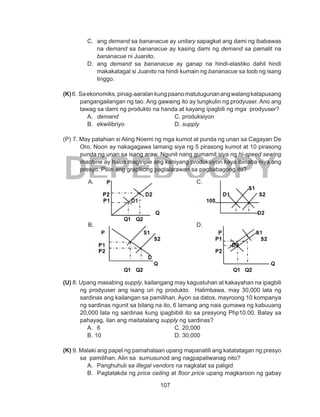 107
DEPED COPY
C.	 ang demand sa bananacue ay unitary sapagkat ang dami ng ibabawas
na demand sa bananacue ay kasing dami ng demand sa pamalit na
bananacue ni Juanito.
D.	 ang demand sa bananacue ay ganap na hindi-elastiko dahil hindi
makakatagal si Juanito na hindi kumain ng bananacue sa loob ng isang
linggo.
(K)6. Saekonomiks,pinag-aaralankungpaanomatutugunanangwalangkatapusang
pangangailangan ng tao. Ang gawaing ito ay tungkulin ng prodyuser. Ano ang
tawag sa dami ng produkto na handa at kayang ipagbili ng mga prodyuser?
A.	 demand			 C. produksiyon
B.	ekwilibriyo			D. supply
(P)	7. May patahian si Aling Noemi ng mga kumot at punda ng unan sa Cagayan De
Oro. Noon ay nakagagawa lamang siya ng 5 pirasong kumot at 10 pirasong
punda ng unan sa isang araw. Ngunit nang gumamit siya ng hi-speed sewing
machine ay halos magtriple ang kaniyang produksiyon kaya ibinaba niya ang
presyo. Piliin ang grapikong paglalarawan sa pagbabagong ito?
(U) 8. Upang masabing supply, kailangang may kagustuhan at kakayahan na ipagbili
ng prodyuser ang isang uri ng produkto. Halimbawa, may 30,000 lata ng
sardinas ang kailangan sa pamilihan. Ayon sa datos, mayroong 10 kompanya
	 ng sardinas ngunit sa bilang na ito, 6 lamang ang nais gumawa ng kabuuang
20,000 lata ng sardinas kung ipagbibili ito sa presyong Php10.00. Batay sa
pahayag, ilan ang maitatalang supply ng sardinas?
A.	6				C. 20,000
B. 10				D. 30,000
(K) 9. Malaki ang papel ng pamahalaan upang mapanatili ang katatatagan ng presyo
sa pamilihan. Alin sa sumusunod ang nagpapaliwanag nito?
A.	 Panghuhuli sa illegal vendors na nagkalat sa paligid
B.	 Pagtatakda ng price ceiling at floor price upang magkaroon ng gabay
B.
A. C.
D.
 