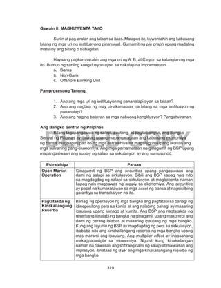 319
DEPED COPY
Gawain 8: MAGKUWENTA TAYO
	 Suriin at pag-aralan ang talaan sa itaas. Matapos ito, kuwentahin ang kabuuang
bilang ng mga uri ng institusyong pinansiyal. Gumamit ng pie graph upang madaling
matukoy ang bilang o bahagdan.
	 Hayaang pagkomparahin ang mga uri ng A, B, at C ayon sa katangian ng mga
ito. Bumuo ng sariling kongklusyon ayon sa nakalap na impormasyon.
A.	 Banks
B.	 Non-Bank
C.	 Offshore Banking Unit
Pamprosesong Tanong:
1.	 Ano ang mga uri ng institusyon ng pananalapi ayon sa talaan?
2.	 Ano ang nagtala ng may pinakamataas na bilang sa mga institusyon ng
pananalapi?
3.	 Ano ang naging batayan sa mga nabuong kongklusyon? Pangatwiranan.
Ang Bangko Sentral ng Pilipinas
	 Bilang tagapangasiwa ng salapi, pautang, at pagbabangko, ang Bangko
Sentral ng Pilipinas ay itinatag upang mapangalagaan ang kabuuang ekonomiya
ng bansa. Nagpapatupad ito ng mga estratehiya na magsisiguro upang iwasan ang
mga suliraning pang-ekonomiya. Ang mga pamamaraan na ginagamit ng BSP upang
mapangasiwaan ang suplay ng salapi sa sirkulasyon ay ang sumusunod:
Estratehiya Paraan
Open Market
Operation
Ginagamit ng BSP ang securities upang pangasiwaan ang
dami ng salapi sa sirkulasyon. Bibili ang BSP kapag nais nito
na magdagdag ng salapi sa sirkulasyon at magbebenta naman
kapag nais magbawas ng supply sa ekonomiya. Ang securities
ay papel na kumakatawan sa mga asset ng bansa at nagsisilbing
garantiya sa transaksiyon na ito.
Pagtatakda ng
Kinakailangang
Reserba
Bahagi ng operasyon ng mga bangko ang pagtatabi sa bahagi ng
idinepositong pera sa kanila at ang nalabing bahagi ay maaaring
ipautang upang lumago at kumita. Ang BSP ang nagtatakda ng
reserbang itinatabi ng bangko na ginagamit upang makontrol ang
dami ng perang lalabas at maaaring ipautang ng mga bangko.
Kung ang layunin ng BSP ay magdagdag ng pera sa sirkulasyon,
ibababa nito ang kinakailangang reserba ng mga bangko upang
mas marami ang ipautang. Ang multiplier effect ay inaasahang
makagpapasigla sa ekonomiya. Ngunit kung kinakailangan
naman na bawasan ang sobrang dami ng salapi at maiwasan ang
implasyon, itinataas ng BSP ang mga kinakailangang reserba ng
mga bangko.
 