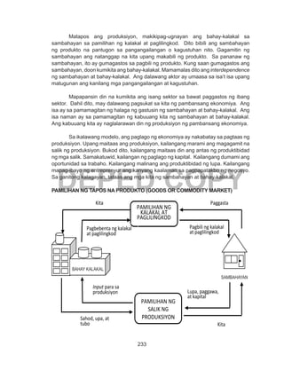 233
DEPED COPY
	 Matapos ang produksiyon, makikipag-ugnayan ang bahay-kalakal sa
sambahayan sa pamilihan ng kalakal at paglilingkod. Dito bibili ang sambahayan
ng produkto na pantugon sa pangangailangan o kagustuhan nito. Gagamitin ng
sambahayan ang natanggap na kita upang makabili ng produkto. Sa pananaw ng
sambahayan, ito ay gumagastos sa pagbili ng produkto. Kung saan gumagastos ang
sambahayan, doon kumikita ang bahay-kalakal. Mamamalas dito ang interdependence
ng sambahayan at bahay-kalakal. Ang dalawang aktor ay umaasa sa isa’t isa upang
matugunan ang kanilang mga pangangailangan at kagustuhan.
	 Mapapansin din na kumikita ang isang sektor sa bawat paggastos ng ibang
sektor. Dahil dito, may dalawang pagsukat sa kita ng pambansang ekonomiya. Ang
isa ay sa pamamagitan ng halaga ng gastusin ng sambahayan at bahay-kalakal. Ang
isa naman ay sa pamamagitan ng kabuuang kita ng sambahayan at bahay-kalakal.
Ang kabuuang kita ay naglalarawan din ng produksiyon ng pambansang ekonomiya.
	 Sa ikalawang modelo, ang paglago ng ekonomiya ay nakabatay sa pagtaas ng
produksiyon. Upang maitaas ang produksiyon, kailangang marami ang magagamit na
salik ng produksiyon. Bukod dito, kailangang maitaas din ang antas ng produktibidad
ng mga salik. Samakatuwid, kailangan ng paglago ng kapital. Kailangang dumami ang
oportunidad sa trabaho. Kailangang malinang ang produktibidad ng lupa. Kailangang
mapag-ibayo ng entreprenyur ang kanyang kaalaman sa pagpapatakbo ng negosyo.
Sa ganitong kalagayan, tataas ang mga kita ng sambahayan at bahay-kalakal.
PAMILIHAN NG TAPOS NA PRODUKTO (GOODS OR COMMODITY MARKET)
BAHAY
KALAKAL
PAMILIHAN NG
KALAKAL AT
PAGLILINGKOD
PAMILIHAN NG
SALIK NG
PRODUKSIYON
Lupa, paggawa,
at kapital
Input para sa
produksiyon
Pagbebenta ng kalakal
at paglilingkod
Pagbili ng kalakal
at paglilingkod
PaggastaKita
Sahod, upa, at
tubo Kita
SAMBAHA
YAN
BAHAY KALAKAL
SAMBAHAYAN
 
