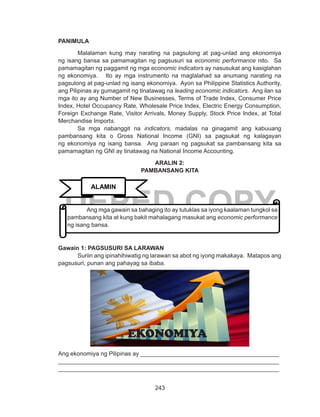243
DEPED COPY
PANIMULA
Malalaman kung may narating na pagsulong at pag-unlad ang ekonomiya
ng isang bansa sa pamamagitan ng pagsusuri sa economic performance nito. Sa
pamamagitan ng paggamit ng mga economic indicators ay nasusukat ang kasiglahan
ng ekonomiya. Ito ay mga instrumento na maglalahad sa anumang narating na
pagsulong at pag-unlad ng isang ekonomiya. Ayon sa Philippine Statistics Authority,
ang Pilipinas ay gumagamit ng tinatawag na leading economic indicators. Ang ilan sa
mga ito ay ang Number of New Businesses, Terms of Trade Index, Consumer Price
Index, Hotel Occupancy Rate, Wholesale Price Index, Electric Energy Consumption,
Foreign Exchange Rate, Visitor Arrivals, Money Supply, Stock Price Index, at Total
Merchandise Imports.
	 Sa mga nabanggit na indicators, madalas na ginagamit ang kabuuang
pambansang kita o Gross National Income (GNI) sa pagsukat ng kalagayan
ng ekonomiya ng isang bansa. Ang paraan ng pagsukat sa pambansang kita sa
pamamagitan ng GNI ay tinatawag na National Income Accounting.
ARALIN 2:
PAMBANSANG KITA
Gawain 1: PAGSUSURI SA LARAWAN
	 Suriin ang ipinahihiwatig ng larawan sa abot ng iyong makakaya. Matapos ang
pagsusuri, punan ang pahayag sa ibaba.
Ang ekonomiya ng Pilipinas ay __________________________________________
___________________________________________________________________
___________________________________________________________________
EKONOMIYA
ALAMIN
	 Ang mga gawain sa bahaging ito ay tutuklas sa iyong kaalaman tungkol sa
pambansang kita at kung bakit mahalagang masukat ang economic performance
ng isang bansa.
 