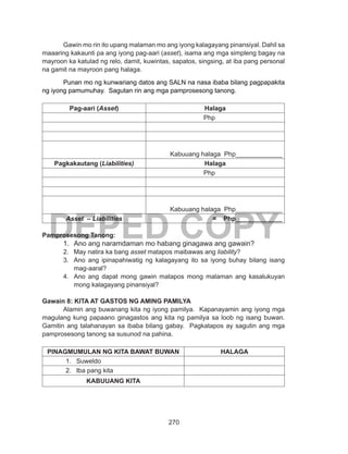 270
DEPED COPY
	 Gawin mo rin ito upang malaman mo ang iyong kalagayang pinansiyal. Dahil sa
maaaring kakaunti pa ang iyong pag-aari (asset), isama ang mga simpleng bagay na
mayroon ka katulad ng relo, damit, kuwintas, sapatos, singsing, at iba pang personal
na gamit na mayroon pang halaga.
	 Punan mo ng kunwariang datos ang SALN na nasa ibaba bilang pagpapakita
ng iyong pamumuhay. Sagutan rin ang mga pamprosesong tanong.
Pag-aari (Asset) Halaga
Php
Kabuuang halaga Php_____________
Pagkakautang (Liabilities) Halaga
Php
Kabuuang halaga Php_____________
Asset – Liabilities = Php_____________
Pamprosesong Tanong:
1.	 Ano ang naramdaman mo habang ginagawa ang gawain?
2.	 May natira ka bang asset matapos maibawas ang liability?
3.	 Ano ang ipinapahiwatig ng kalagayang ito sa iyong buhay bilang isang
mag-aaral?
4.	 Ano ang dapat mong gawin matapos mong malaman ang kasalukuyan
mong kalagayang pinansiyal?
Gawain 8: KITA AT GASTOS NG AMING PAMILYA
	 Alamin ang buwanang kita ng iyong pamilya. Kapanayamin ang iyong mga
magulang kung papaano ginagastos ang kita ng pamilya sa loob ng isang buwan.
Gamitin ang talahanayan sa ibaba bilang gabay. Pagkatapos ay sagutin ang mga
pamprosesong tanong sa susunod na pahina.
PINAGMUMULAN NG KITA BAWAT BUWAN HALAGA
1.	 Suweldo
2.	 Iba pang kita
KABUUANG KITA
 
