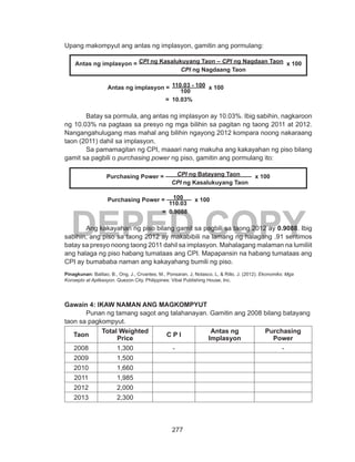 277
DEPED COPY
Upang makompyut ang antas ng implasyon, gamitin ang pormulang:
		 Antas ng implasyon = 	110.03 - 100 x 100
					 100
				 =	 10.03%
	 Batay sa pormula, ang antas ng implasyon ay 10.03%. Ibig sabihin, nagkaroon
ng 10.03% na pagtaas sa presyo ng mga bilihin sa pagitan ng taong 2011 at 2012.
Nangangahulugang mas mahal ang bilihin ngayong 2012 kompara noong nakaraang
taon (2011) dahil sa implasyon.
	 Sa pamamagitan ng CPI, maaari nang makuha ang kakayahan ng piso bilang
gamit sa pagbili o purchasing power ng piso, gamitin ang pormulang ito:
		 Purchasing Power = 100 x 100
				 110.03
				 = 0.9088
	 Ang kakayahan ng piso bilang gamit sa pagbili sa taong 2012 ay 0.9088. Ibig
sabihin, ang piso sa taong 2012 ay makabibili na lamang ng halagang .91 sentimos
batay sa presyo noong taong 2011 dahil sa implasyon. Mahalagang malaman na lumiliit
ang halaga ng piso habang tumataas ang CPI. Mapapansin na habang tumataas ang
CPI ay bumababa naman ang kakayahang bumili ng piso.
Pinagkunan: Balitao, B., Ong, J., Crvantes, M., Ponsaran, J, Nolasco, L, & Rillo, J. (2012). Ekonomiks: Mga
Konsepto at Aplikasyon. Quezon City, Philippines: Vibal Publishing House, Inc.
Gawain 4: IKAW NAMAN ANG MAGKOMPYUT
Punan ng tamang sagot ang talahanayan. Gamitin ang 2008 bilang batayang
taon sa pagkompyut.
Taon
Total Weighted
Price
C P I
Antas ng
Implasyon
Purchasing
Power
2008 1,300 - -
2009 1,500
2010 1,660
2011 1,985
2012 2,000
2013 2,300
Antas ng implasyon = CPI ng Kasalukuyang Taon – CPI ng Nagdaan Taon x 100
CPI ng Nagdaang Taon
Purchasing Power = CPI ng Batayang Taon x 100
CPI ng Kasalukuyang Taon
 